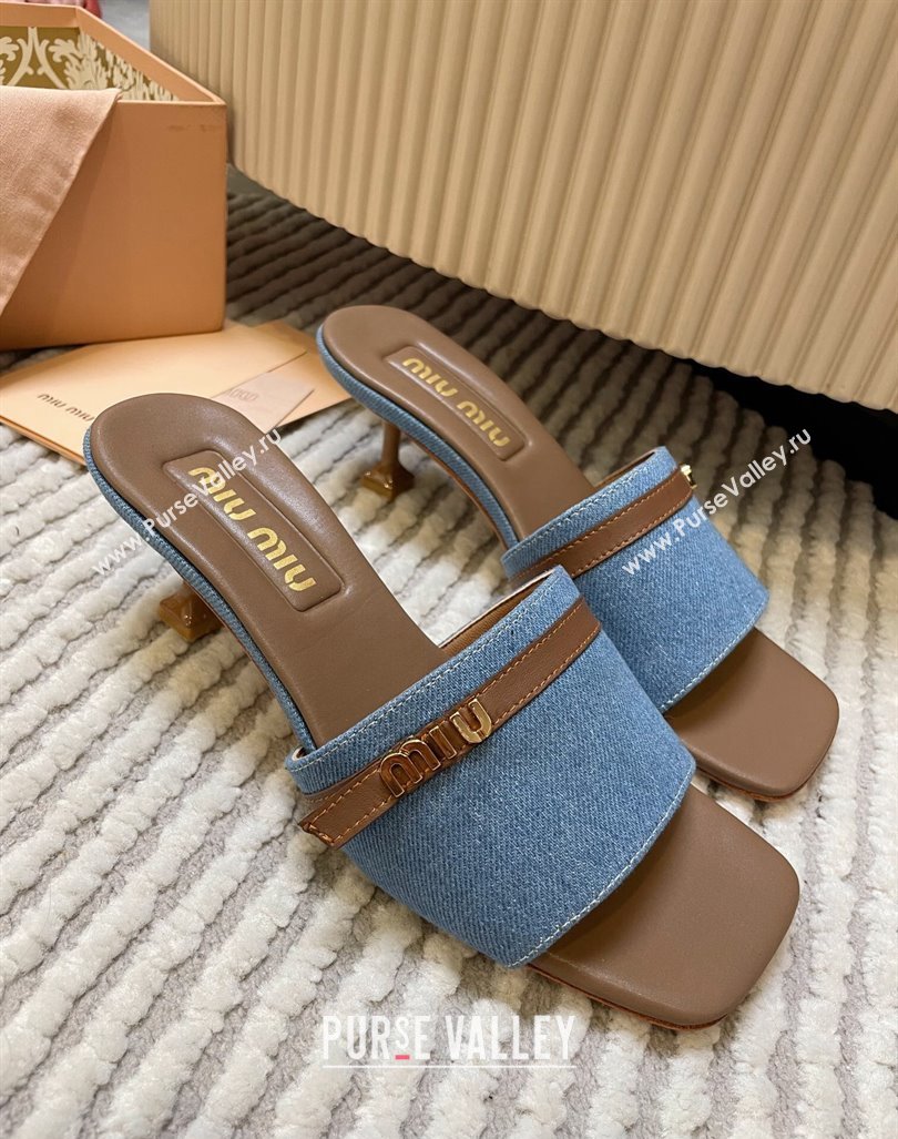 Miu Miu Blue Denim Heel Slides Sandal 4.5cm with Strap Brown 2024 (MD-240611064)