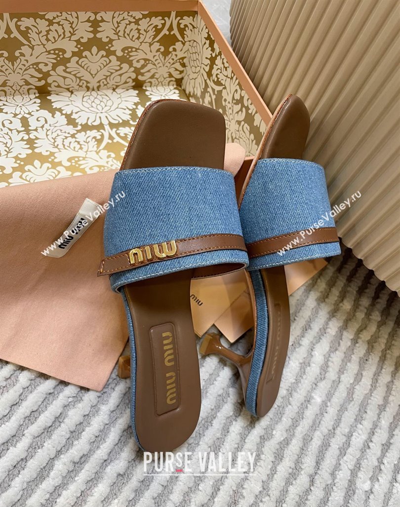 Miu Miu Blue Denim Heel Slides Sandal 4.5cm with Strap Brown 2024 (MD-240611064)