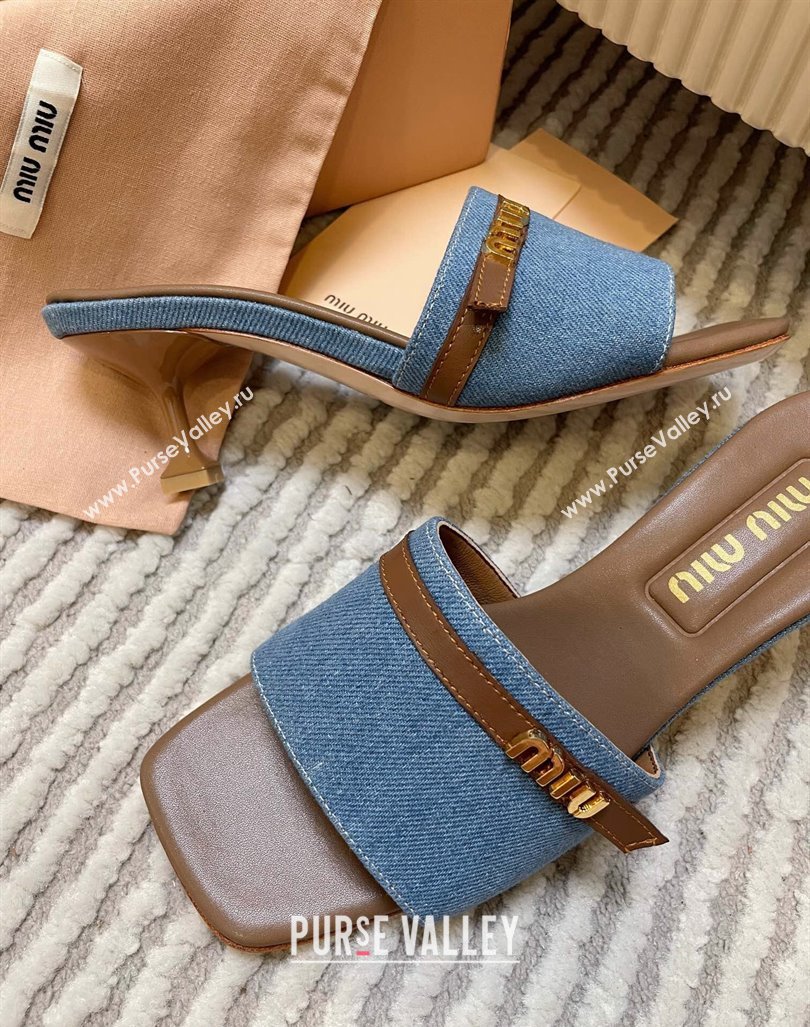 Miu Miu Blue Denim Heel Slides Sandal 4.5cm with Strap Brown 2024 (MD-240611064)