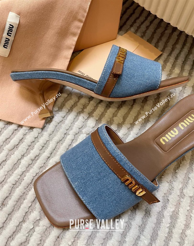 Miu Miu Blue Denim Heel Slides Sandal 4.5cm with Strap Brown 2024 (MD-240611064)