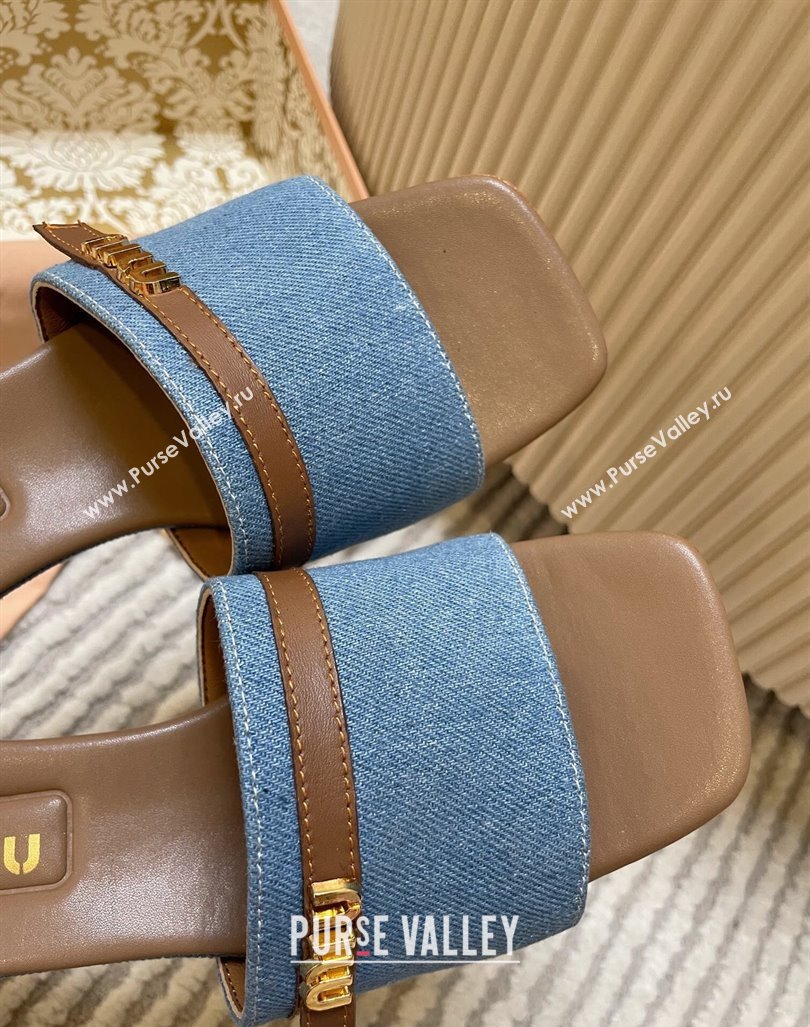 Miu Miu Blue Denim Heel Slides Sandal 4.5cm with Strap Brown 2024 (MD-240611064)