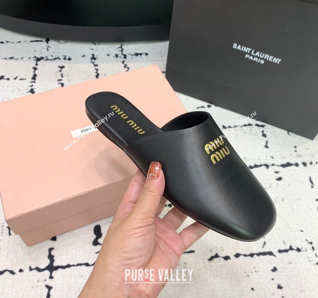 Miu Miu Lambskin Flat Mules Black 2024 0703 (KER-240703129)