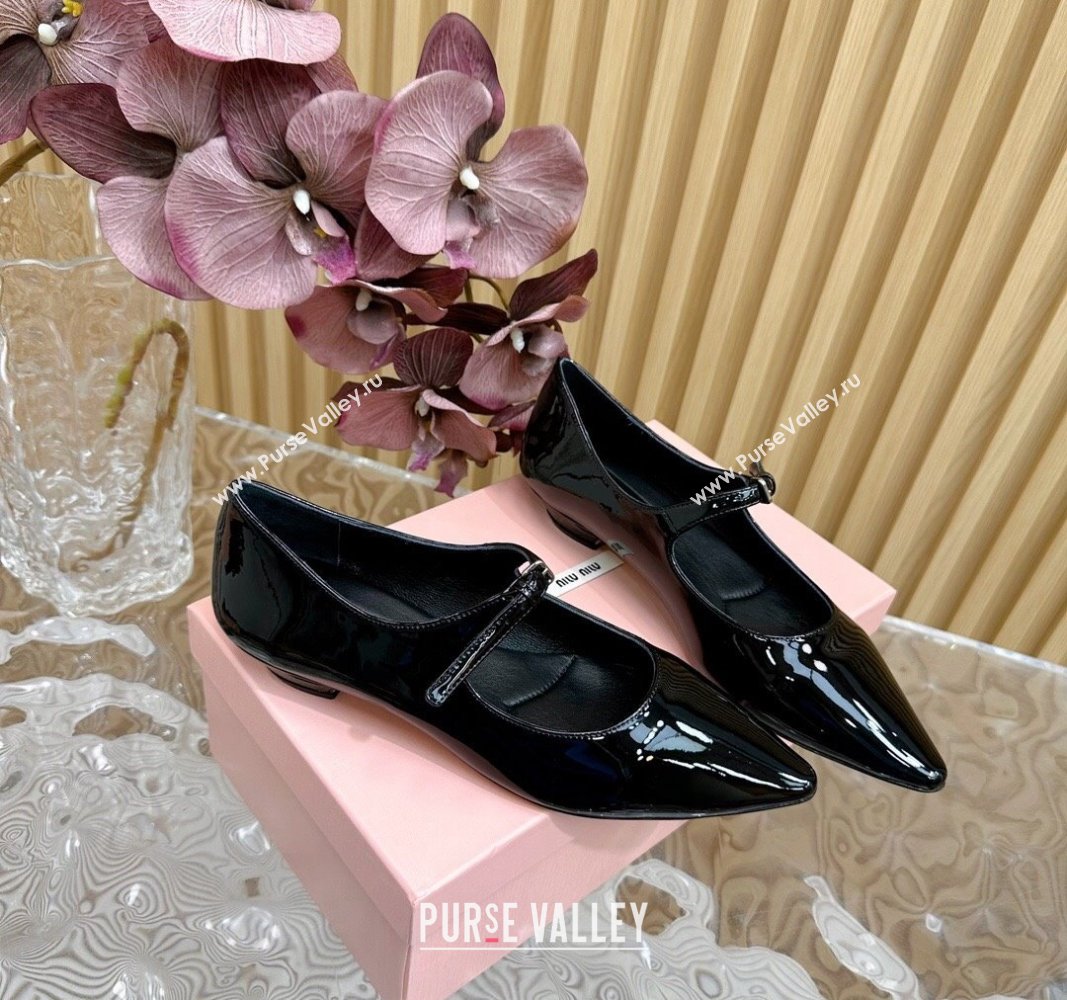 Miu Miu Patent Leather Pointed Ballerinas Flat with Buckle Black 2024 071901 (KL-240719093)