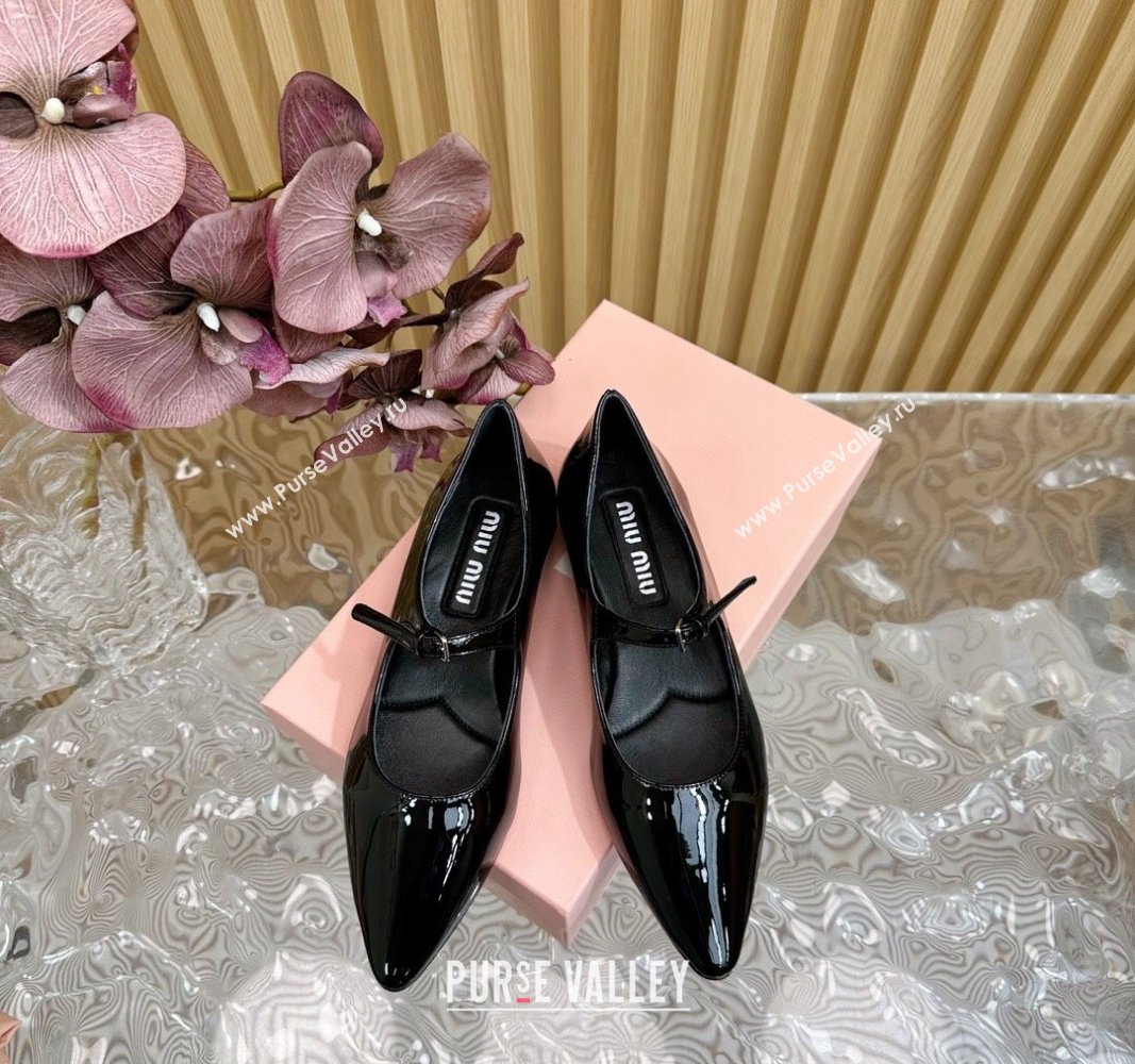 Miu Miu Patent Leather Pointed Ballerinas Flat with Buckle Black 2024 071901 (KL-240719093)