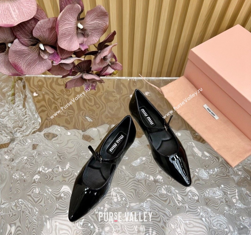 Miu Miu Patent Leather Pointed Ballerinas Flat with Buckle Black 2024 071901 (KL-240719093)