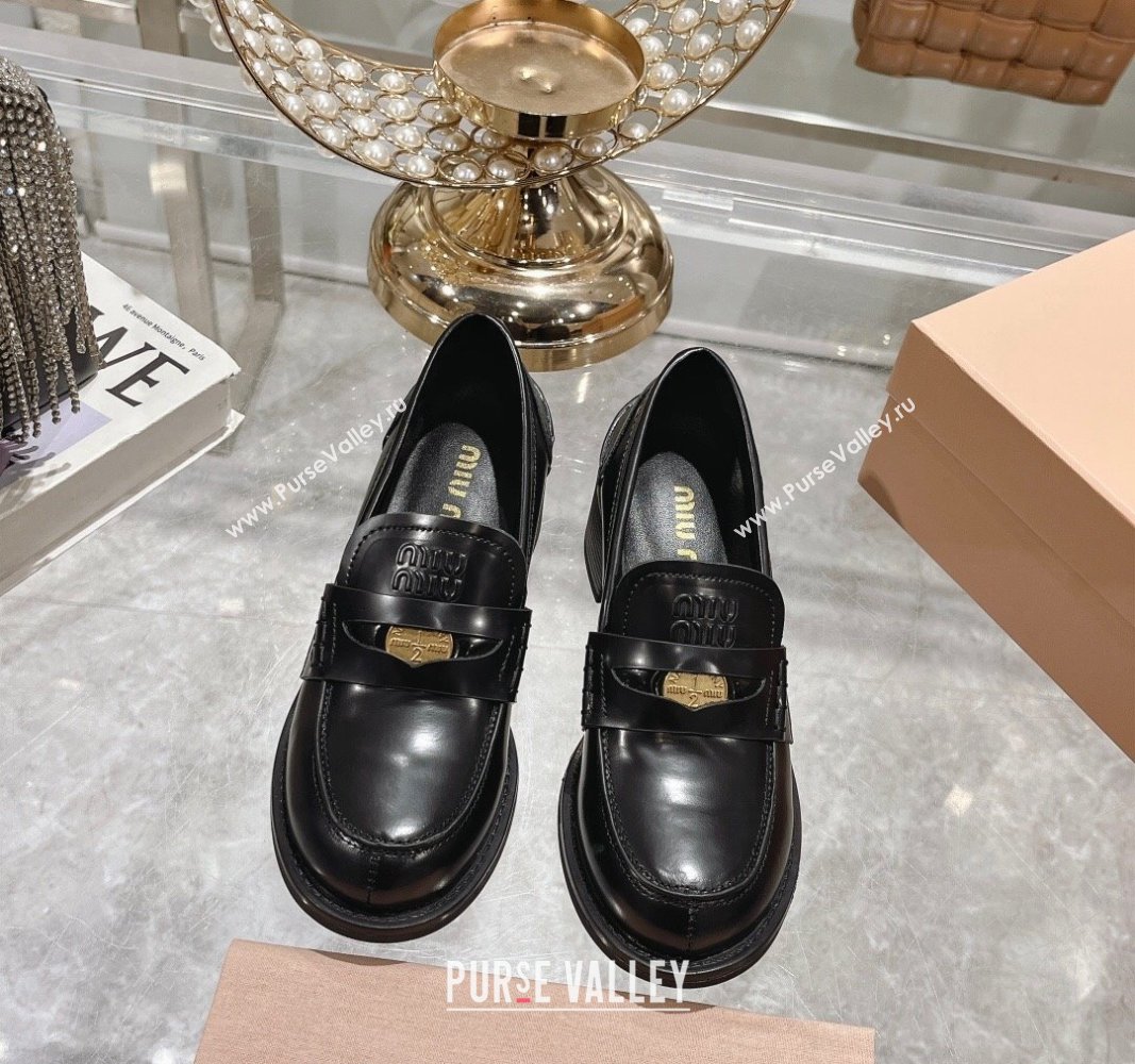 Miu Miu Brushed Leather Loafer Pumps 5cm with Coin Black2 2024 0813 (MD-240813077)