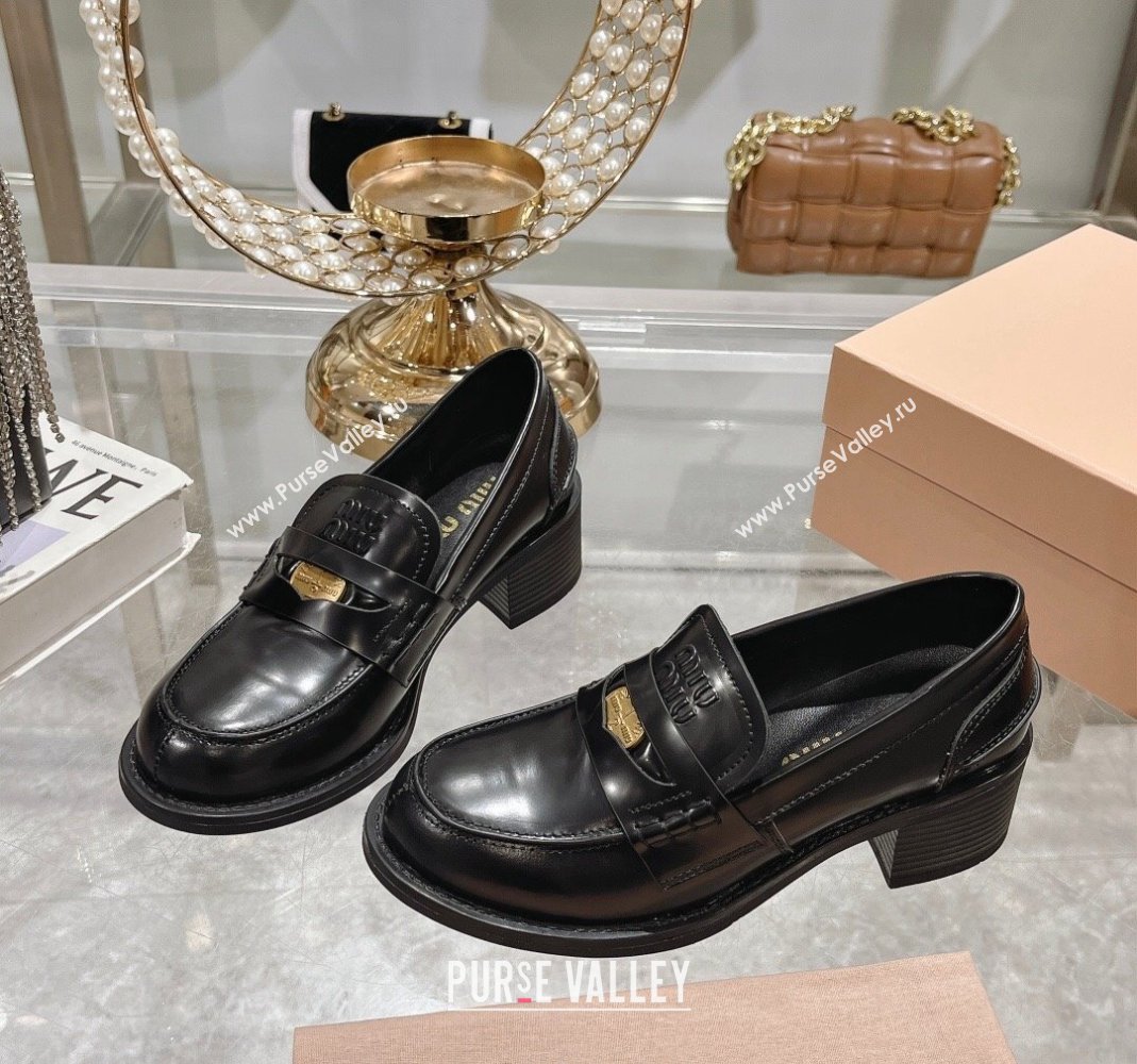 Miu Miu Brushed Leather Loafer Pumps 5cm with Coin Black2 2024 0813 (MD-240813077)