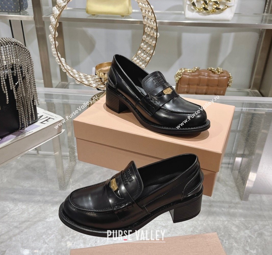 Miu Miu Brushed Leather Loafer Pumps 5cm with Coin Black2 2024 0813 (MD-240813077)