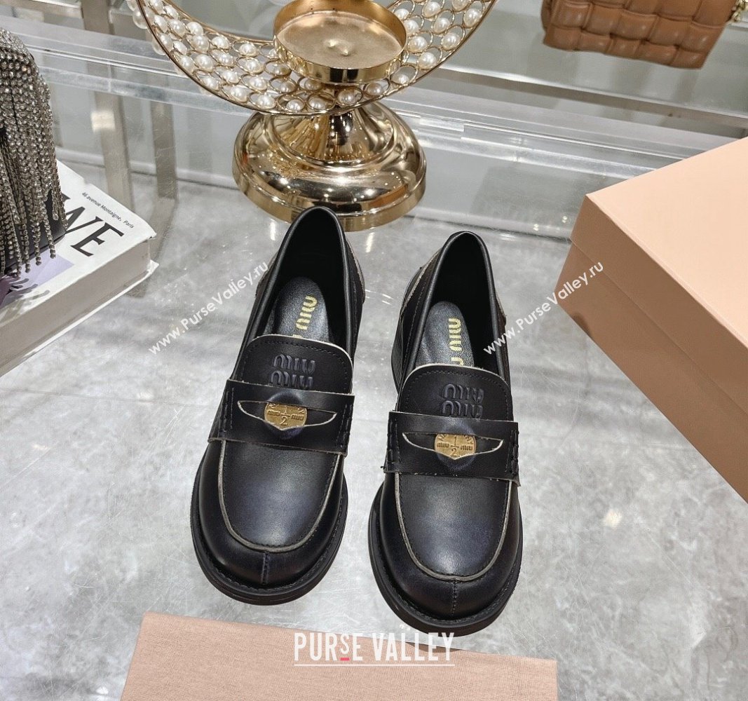 Miu Miu Bleached Leather Loafer Pumps 5cm with Coin Black 2024 0813 (MD-240813079)