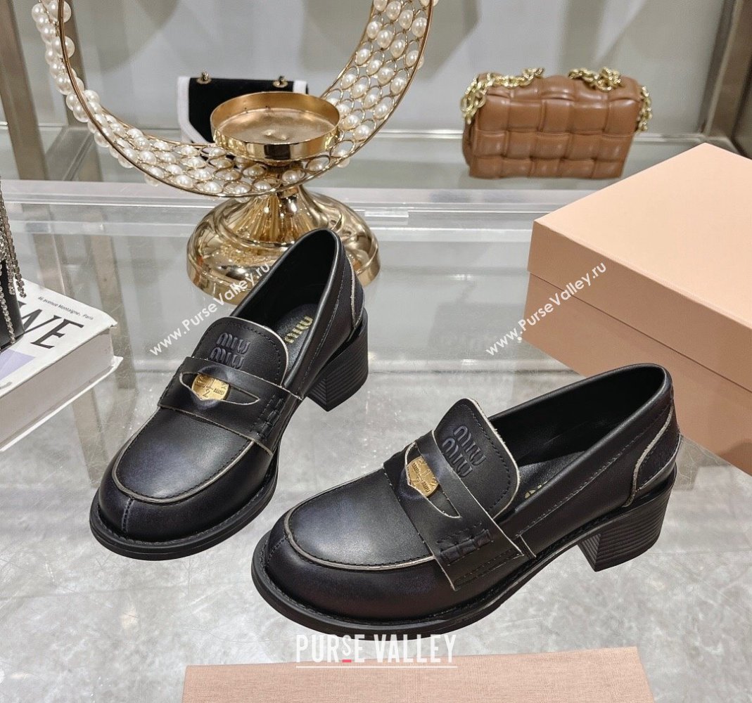 Miu Miu Bleached Leather Loafer Pumps 5cm with Coin Black 2024 0813 (MD-240813079)