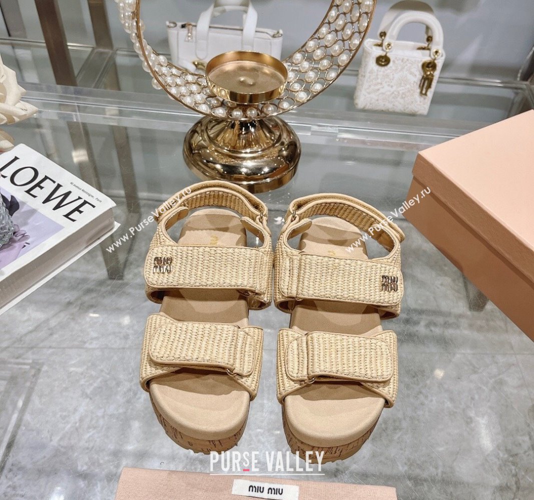 Miu Miu Raffia-effect woven fabric wedge sandals 7cm Beige 2024 0813 (MD-240813097)