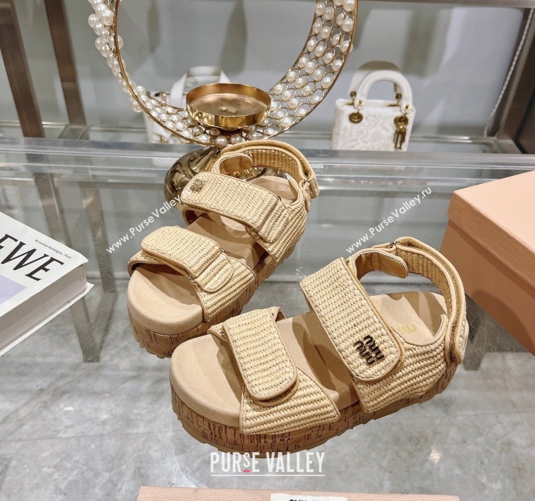 Miu Miu Raffia-effect woven fabric wedge sandals 7cm Beige 2024 0813 (MD-240813097)