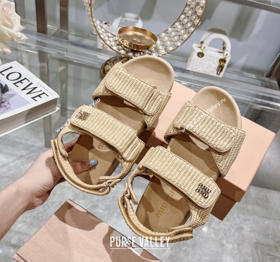 Miu Miu Raffia-effect woven fabric wedge sandals 7cm Beige 2024 0813 (MD-240813097)