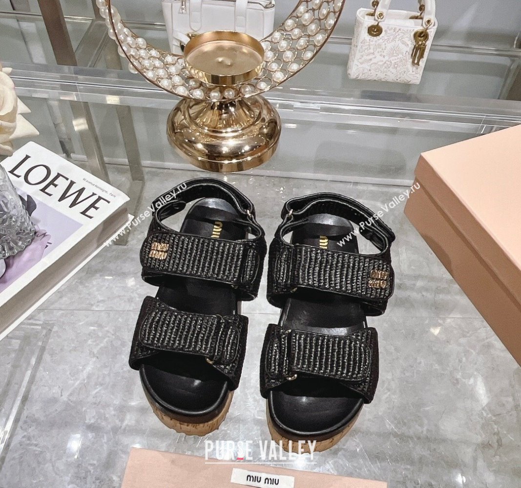 Miu Miu Raffia-effect woven fabric wedge sandals 7cm Black 2024 0813 (MD-240813098)