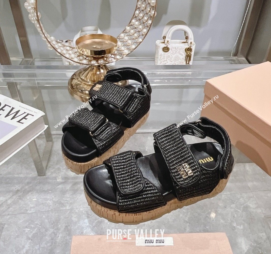 Miu Miu Raffia-effect woven fabric wedge sandals 7cm Black 2024 0813 (MD-240813098)