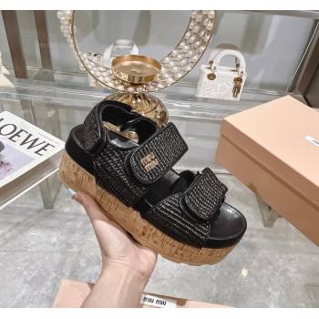 Miu Miu Raffia-effect woven fabric wedge sandals 7cm Black 2024 0813 (MD-240813098)