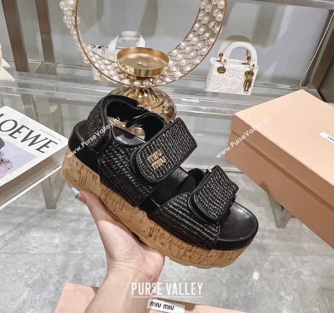 Miu Miu Raffia-effect woven fabric wedge sandals 7cm Black 2024 0813 (MD-240813098)