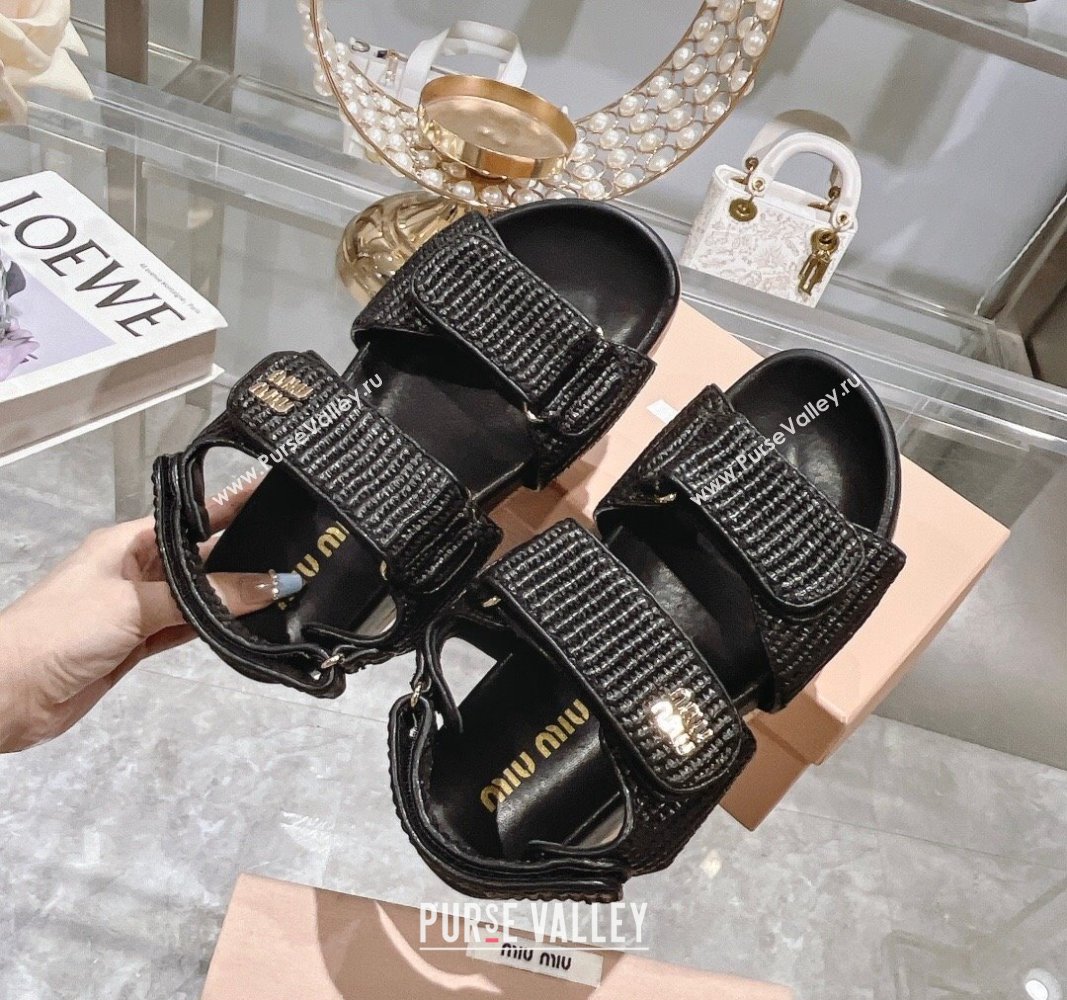 Miu Miu Raffia-effect woven fabric wedge sandals 7cm Black 2024 0813 (MD-240813098)