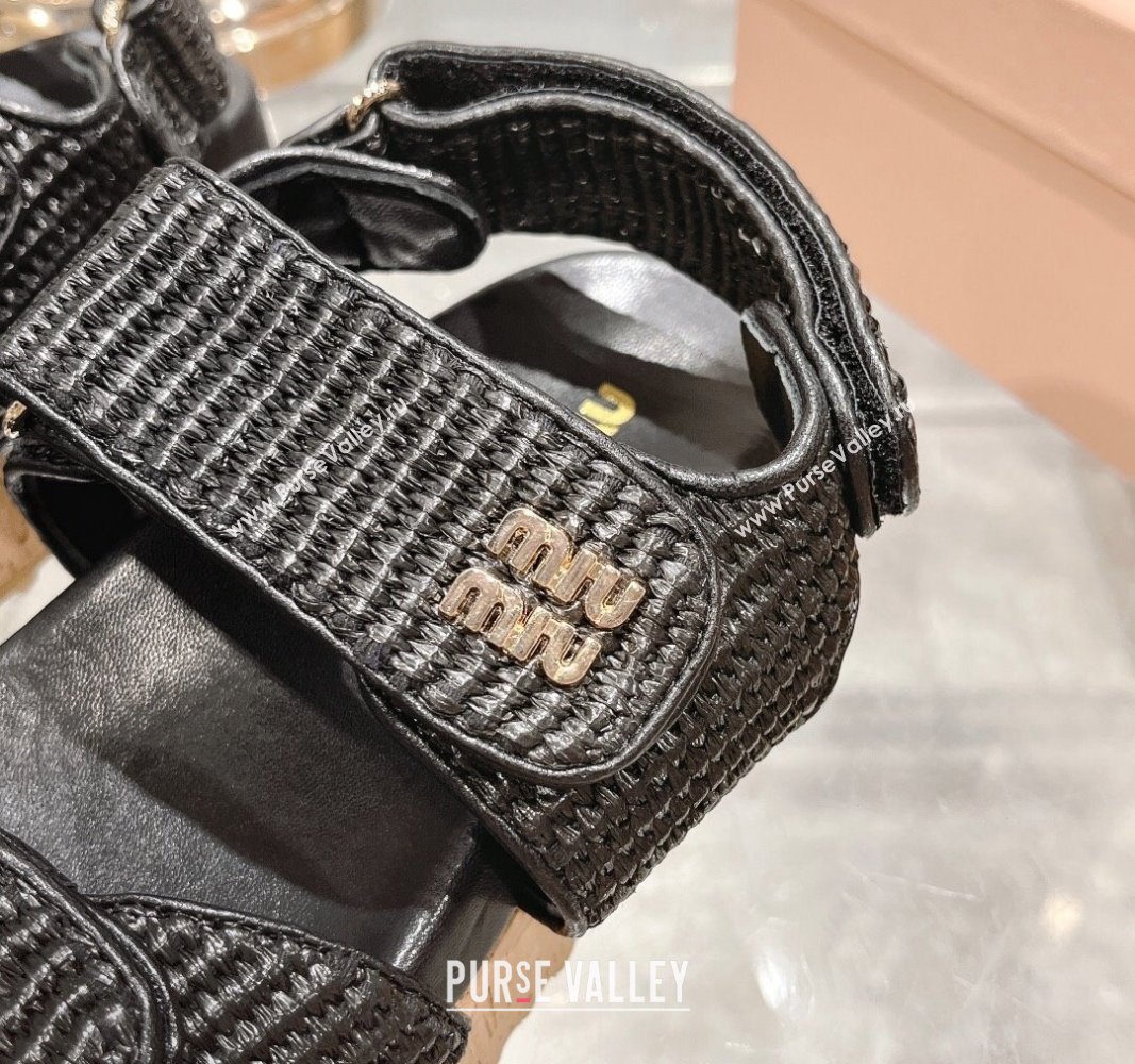 Miu Miu Raffia-effect woven fabric wedge sandals 7cm Black 2024 0813 (MD-240813098)