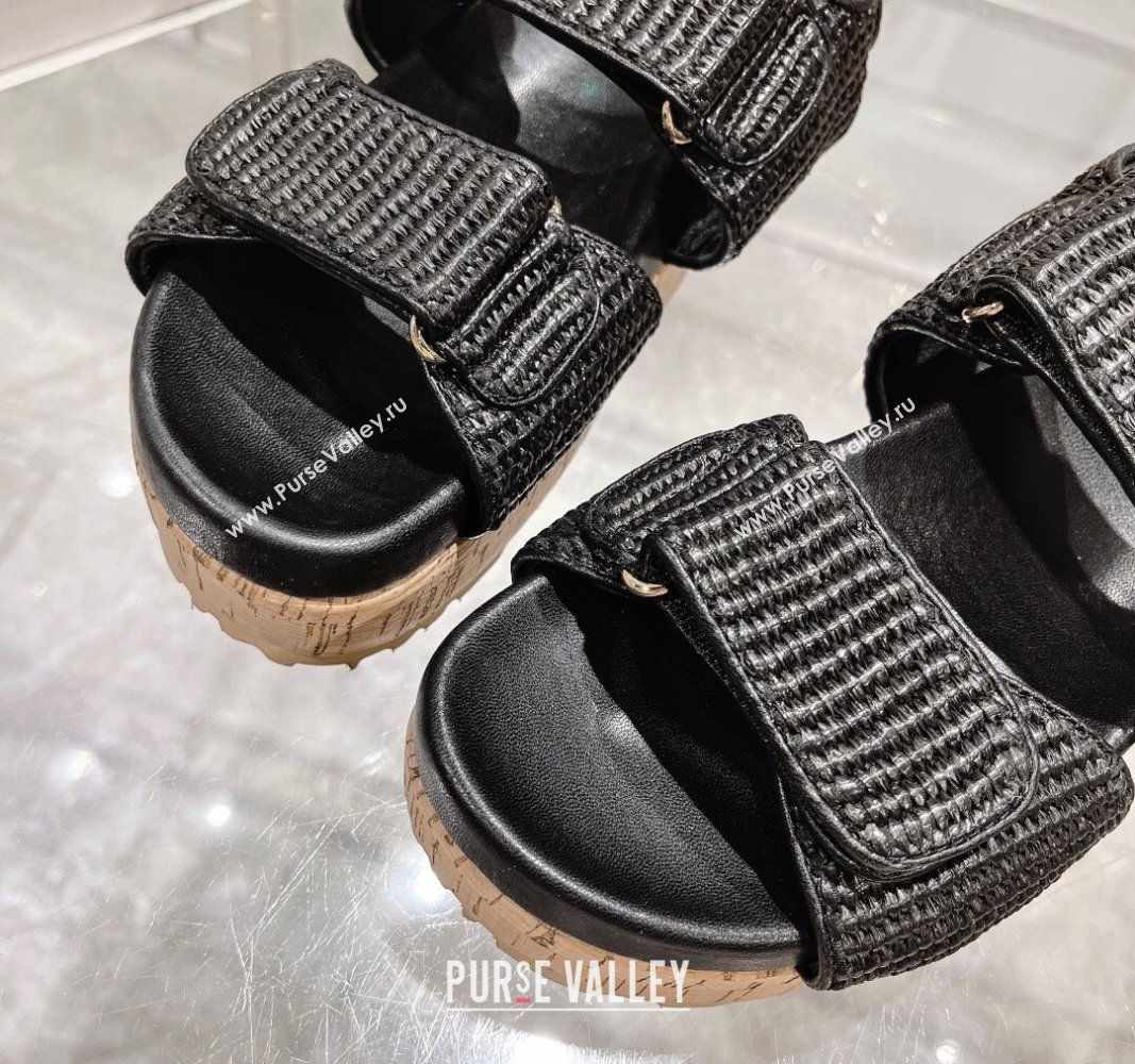 Miu Miu Raffia-effect woven fabric wedge sandals 7cm Black 2024 0813 (MD-240813098)