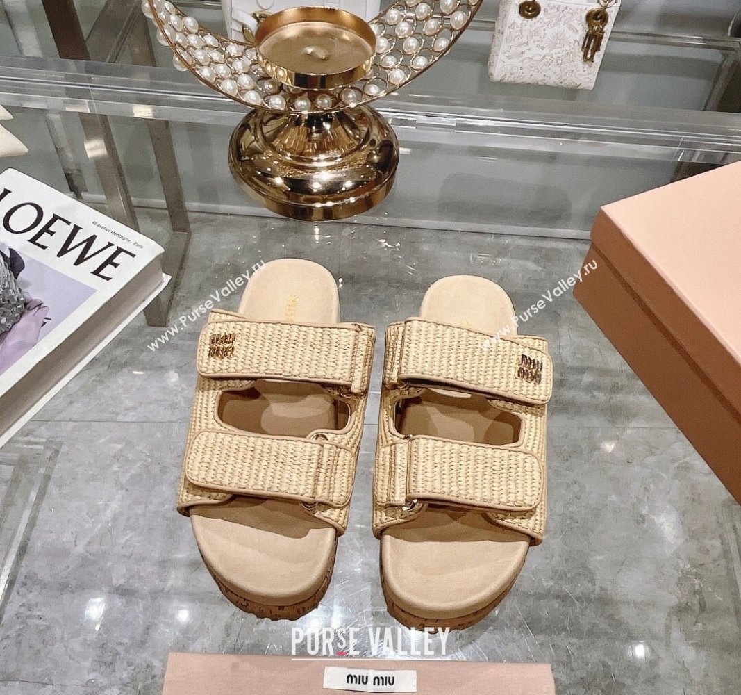 Miu Miu Raffia-effect woven fabric wedge slides sandal 7cm Beige 2024 0813 (MD-240813099)