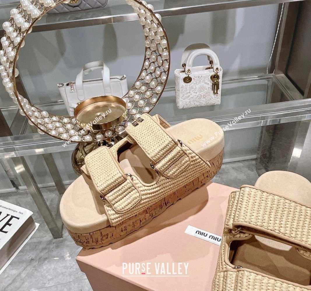 Miu Miu Raffia-effect woven fabric wedge slides sandal 7cm Beige 2024 0813 (MD-240813099)