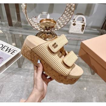 Miu Miu Raffia-effect woven fabric wedge slides sandal 7cm Beige 2024 0813 (MD-240813099)