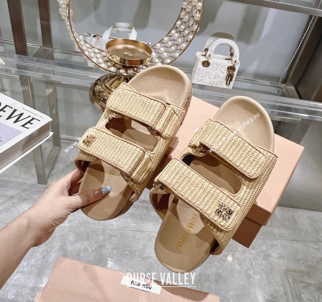 Miu Miu Raffia-effect woven fabric wedge slides sandal 7cm Beige 2024 0813 (MD-240813099)