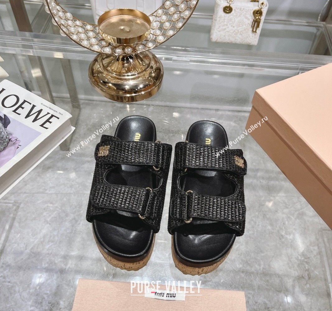 Miu Miu Raffia-effect woven fabric wedge slides sandal 7cm Black 2024 0813 (MD-240813100)