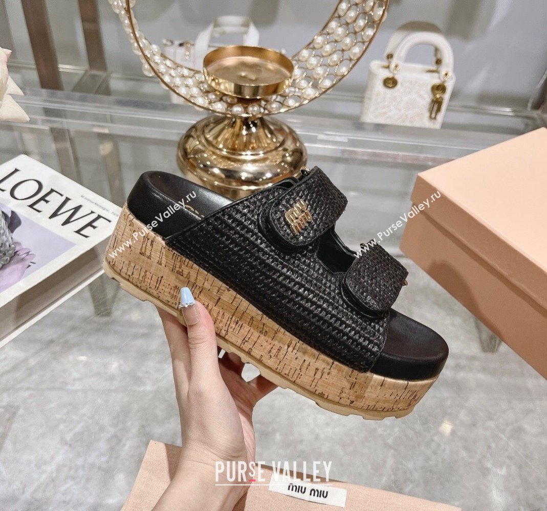 Miu Miu Raffia-effect woven fabric wedge slides sandal 7cm Black 2024 0813 (MD-240813100)