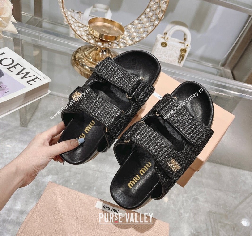 Miu Miu Raffia-effect woven fabric wedge slides sandal 7cm Black 2024 0813 (MD-240813100)