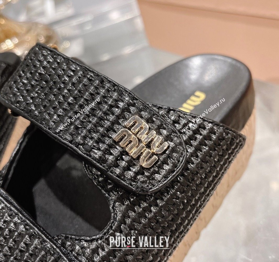 Miu Miu Raffia-effect woven fabric wedge slides sandal 7cm Black 2024 0813 (MD-240813100)