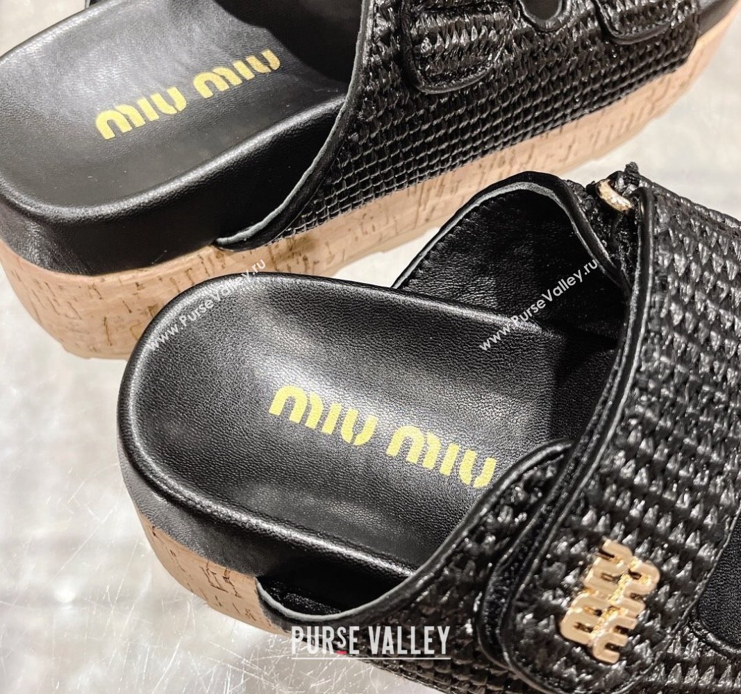 Miu Miu Raffia-effect woven fabric wedge slides sandal 7cm Black 2024 0813 (MD-240813100)