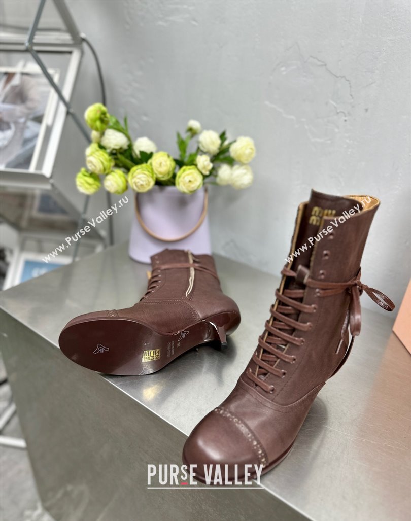 Miu Miu Leather laced up Heel Ankle Boots 7.5cm Brown 2024 5U323E (MD-240904058)