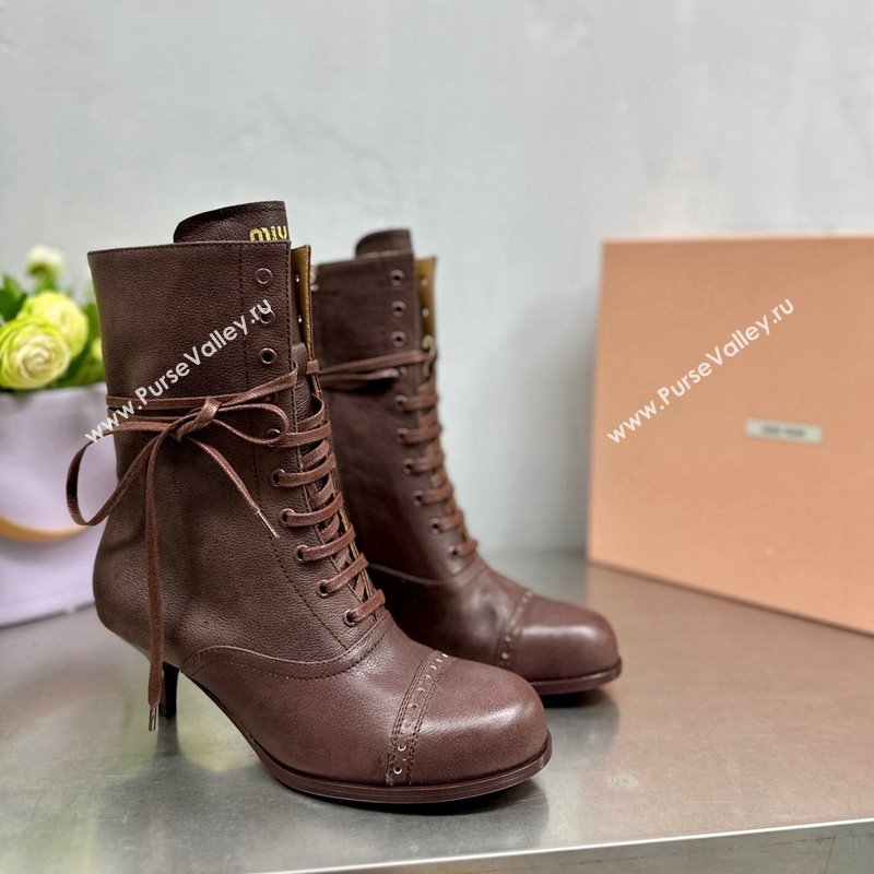 Miu Miu Leather laced up Heel Ankle Boots 7.5cm Brown 2024 5U323E (MD-240904058)