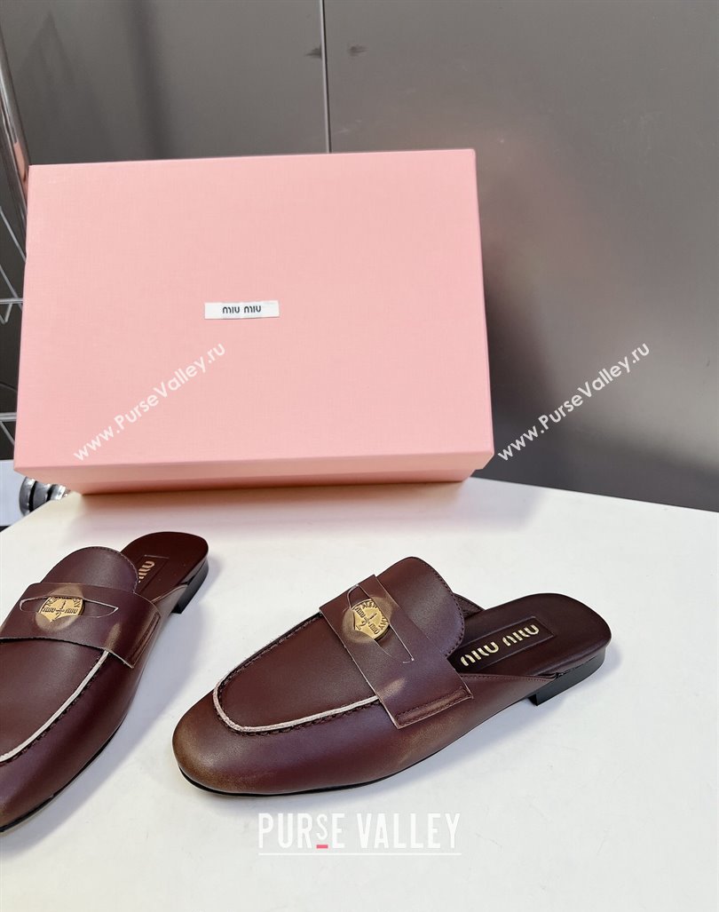 Miu Miu Bleached Leather Flat Mules with Coin Brown 2024 MM101202 (SS-241012069)