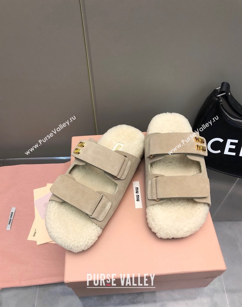 Miu Miu Suede and Wool Fur Flat Slides Sandal Beige 2024 MM101403 (nono-241014018)