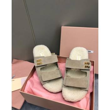 Miu Miu Suede and Wool Fur Flat Slides Sandal Beige 2024 MM101403 (nono-241014018)