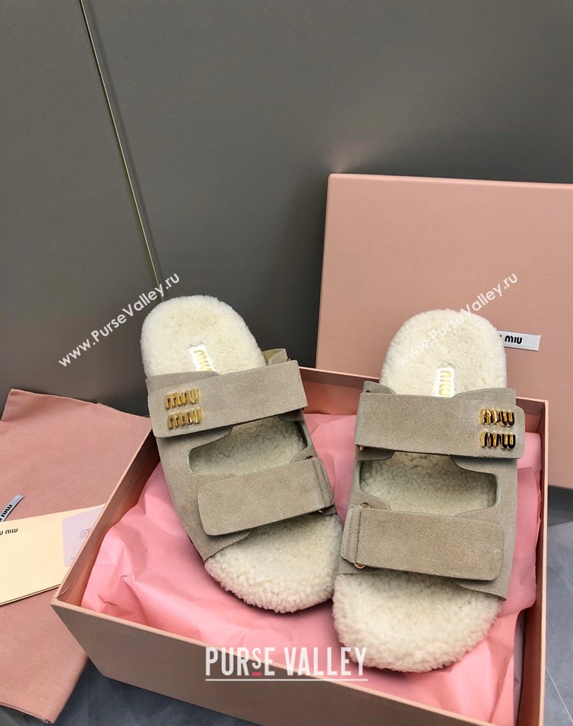 Miu Miu Suede and Wool Fur Flat Slides Sandal Beige 2024 MM101403 (nono-241014018)