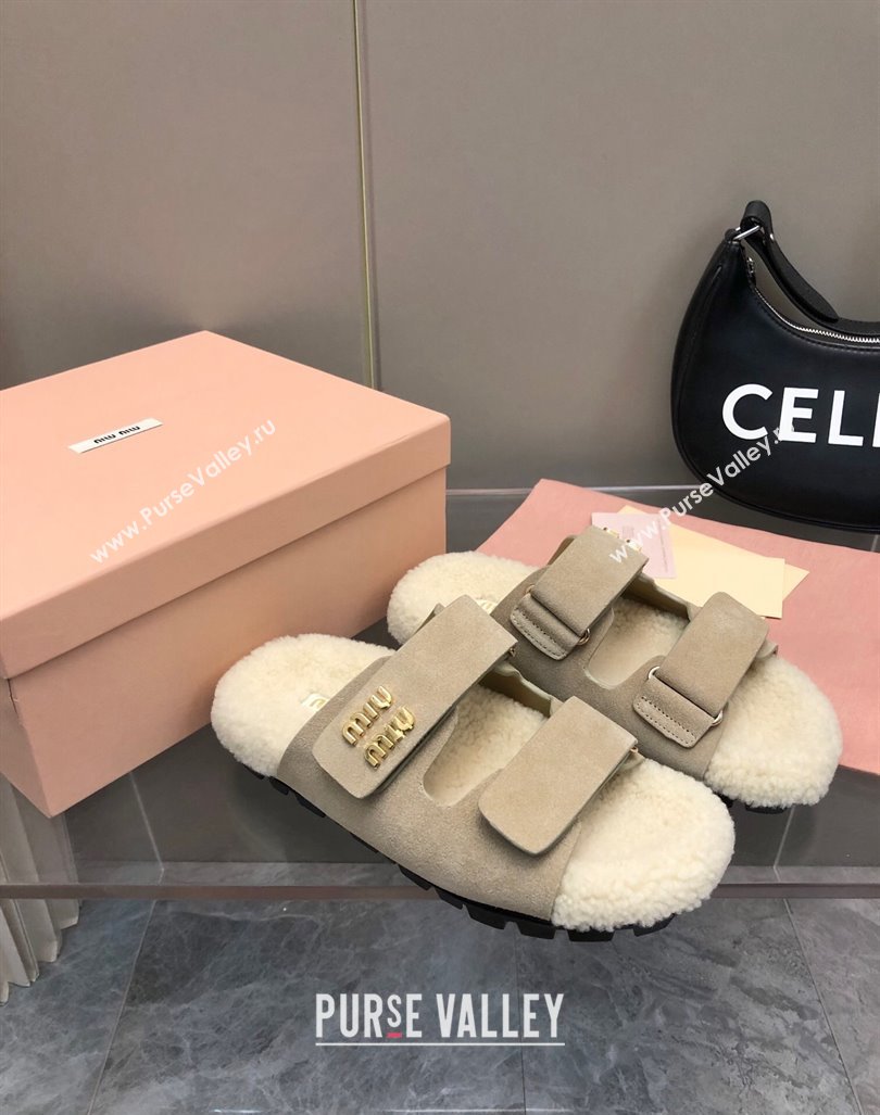 Miu Miu Suede and Wool Fur Flat Slides Sandal Beige 2024 MM101403 (nono-241014018)