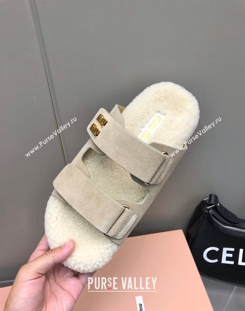 Miu Miu Suede and Wool Fur Flat Slides Sandal Beige 2024 MM101403 (nono-241014018)