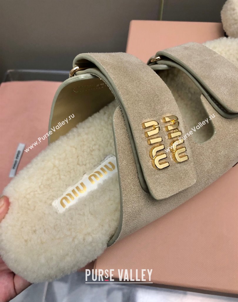 Miu Miu Suede and Wool Fur Flat Slides Sandal Beige 2024 MM101403 (nono-241014018)