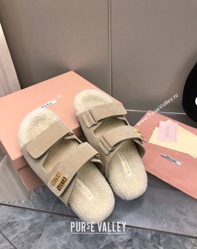 Miu Miu Suede and Wool Fur Flat Slides Sandal Beige 2024 MM101403 (nono-241014018)