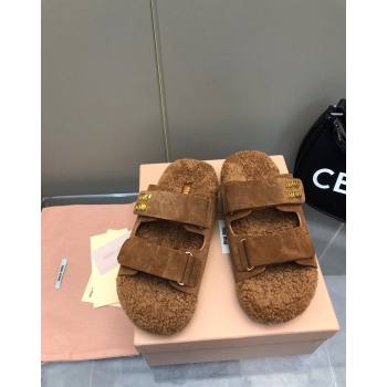 Miu Miu Suede and Wool Fur Flat Slides Sandal Brown2 2024 MM101403 (nono-241014019)