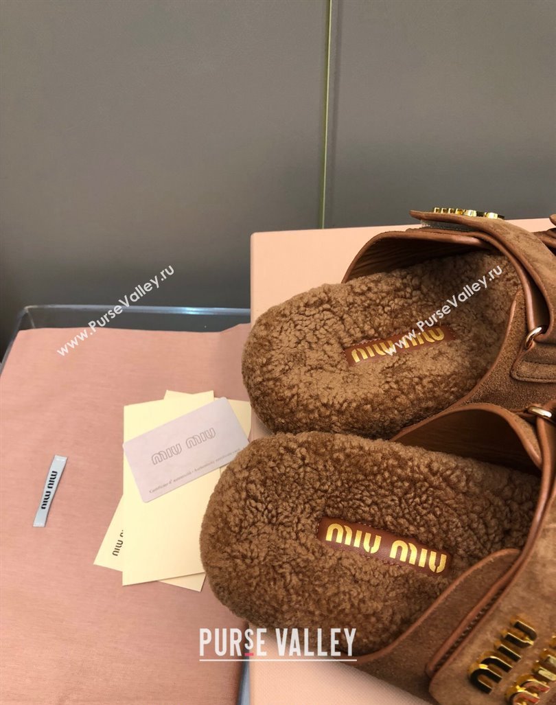 Miu Miu Suede and Wool Fur Flat Slides Sandal Brown2 2024 MM101403 (nono-241014019)