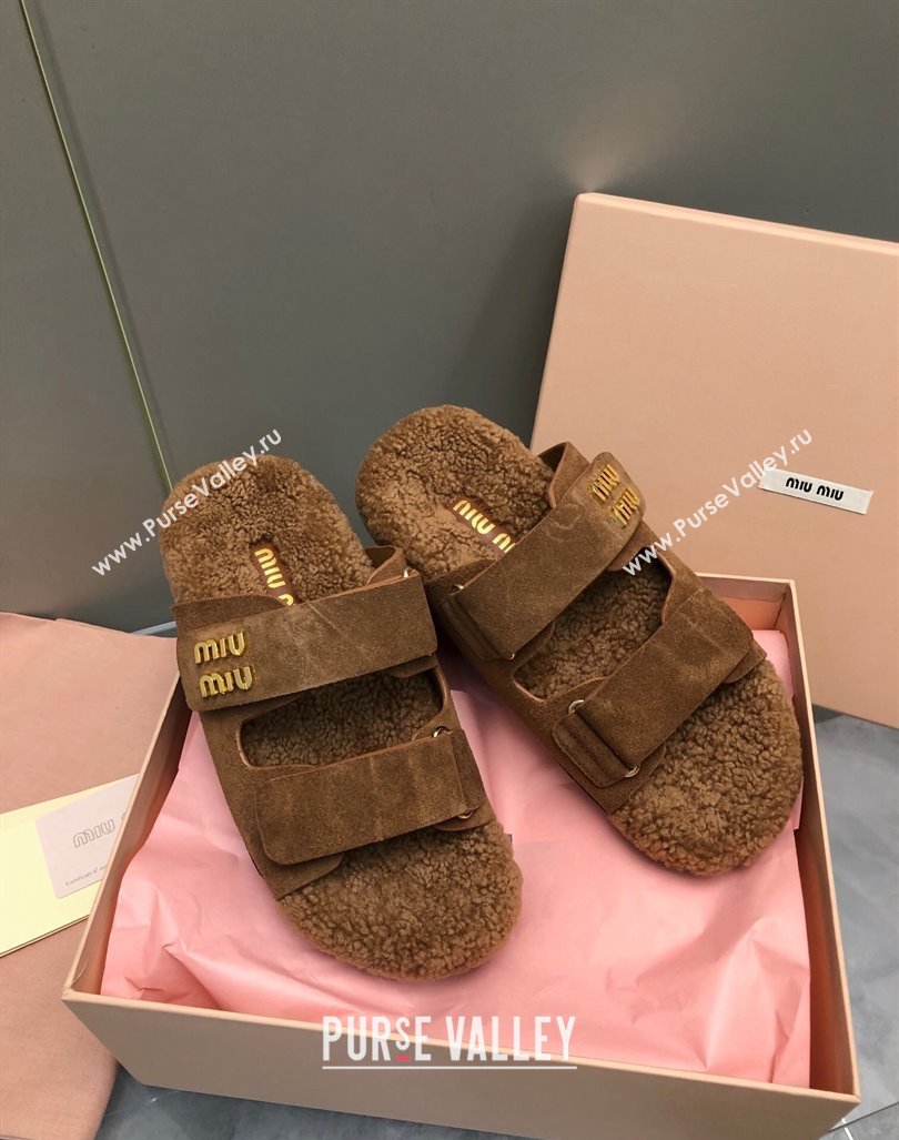 Miu Miu Suede and Wool Fur Flat Slides Sandal Brown2 2024 MM101403 (nono-241014019)