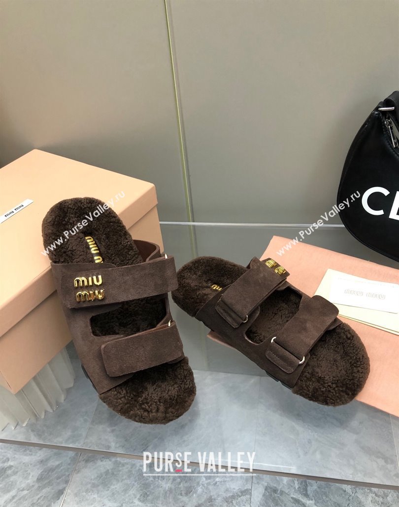 Miu Miu Suede and Wool Fur Flat Slides Sandal Dark Brown 2024 MM101403 (nono-241014020)