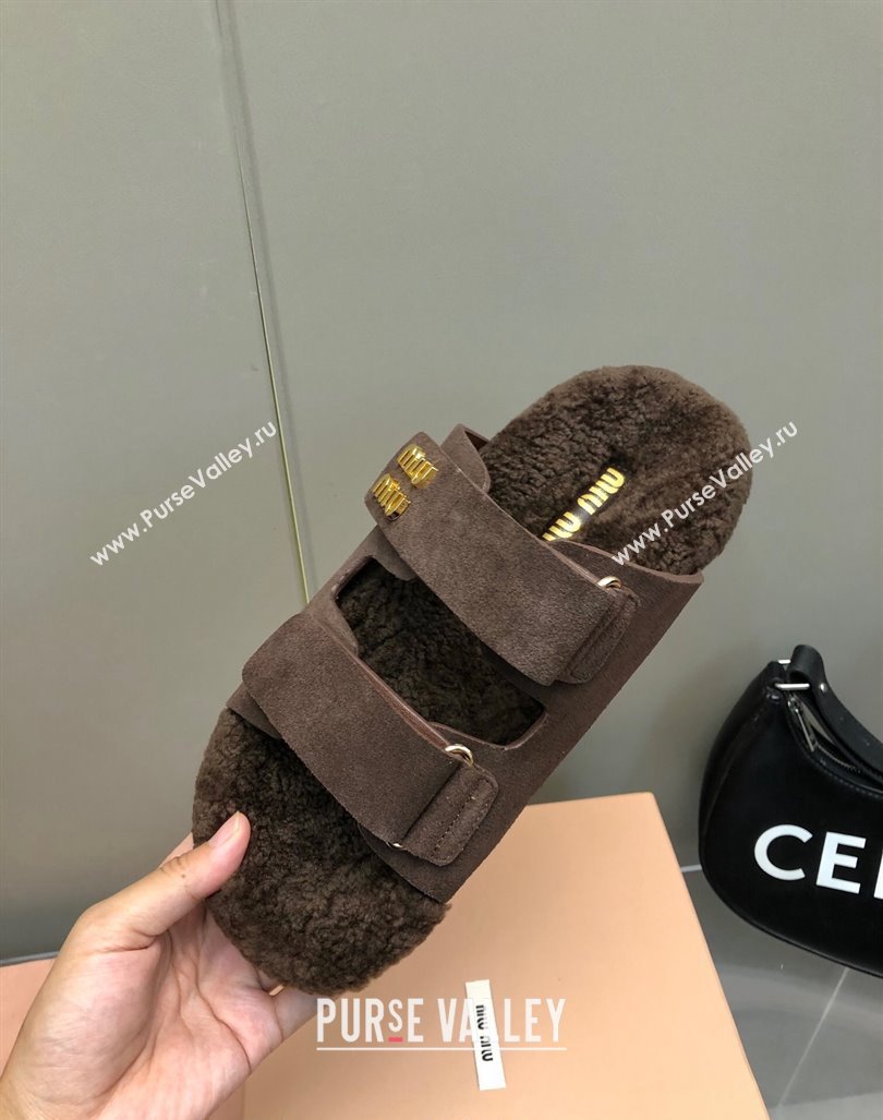 Miu Miu Suede and Wool Fur Flat Slides Sandal Dark Brown 2024 MM101403 (nono-241014020)