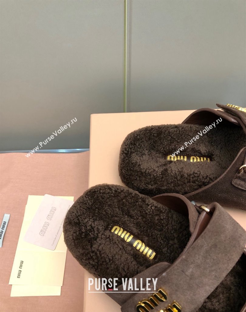 Miu Miu Suede and Wool Fur Flat Slides Sandal Dark Brown 2024 MM101403 (nono-241014020)