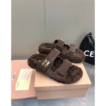 Miu Miu Suede and Wool Fur Flat Slides Sandal Dark Brown 2024 MM101403 (nono-241014020)